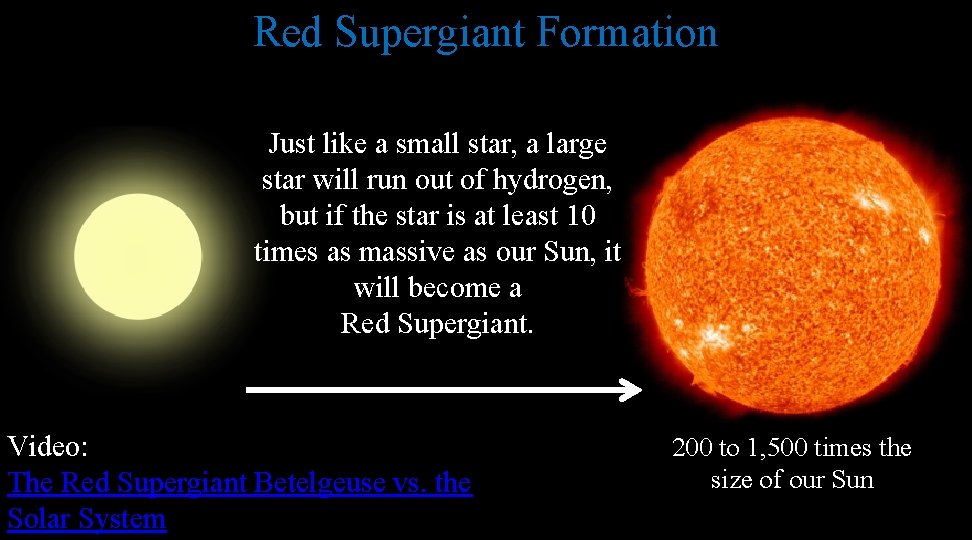 Red Supergiant Formation Just like a small star, a large star will run out