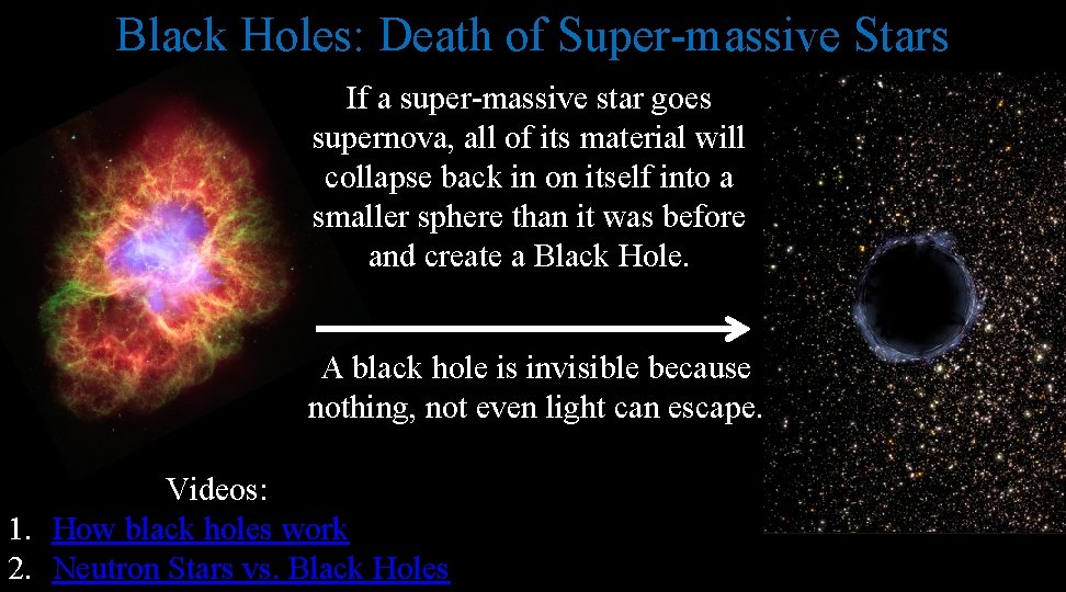 Black Holes: Death of Super-massive Stars If a super-massive star goes supernova, all of