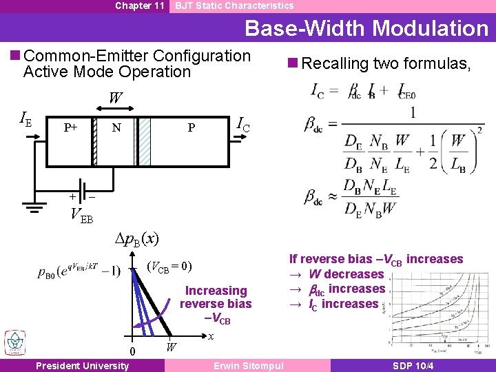 Chapter 11 BJT Static Characteristics Base-Width Modulation n Common-Emitter Configuration Active Mode Operation n