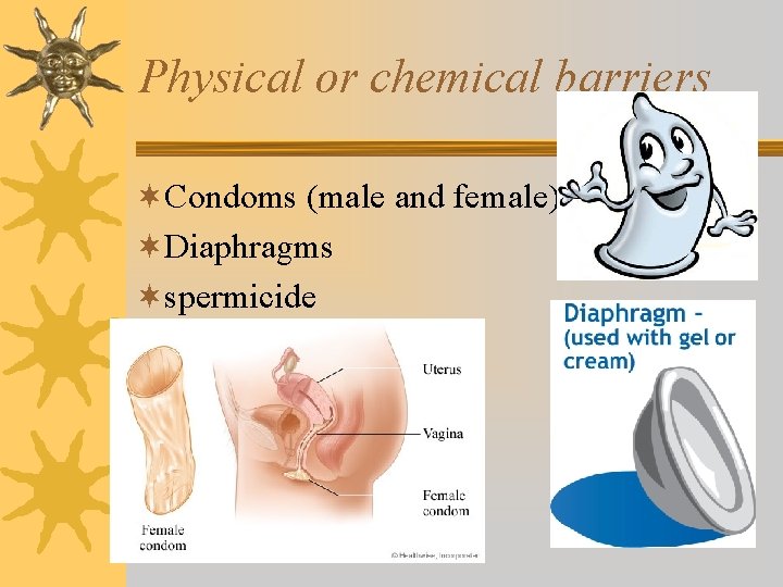 Physical or chemical barriers ¬Condoms (male and female) ¬Diaphragms ¬spermicide 