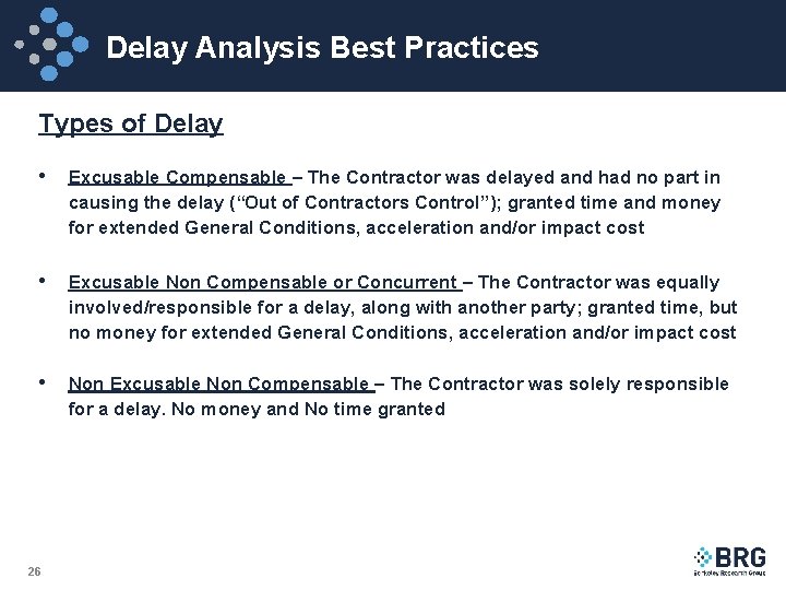 Delay Analysis Best Practices Types of Delay • Excusable Compensable – The Contractor was