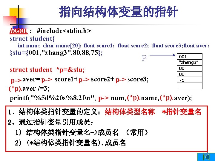 指向结构体变量的指针 A 0901 ：#include<stdio. h> struct student{ int num; char name[20]; float score 1;