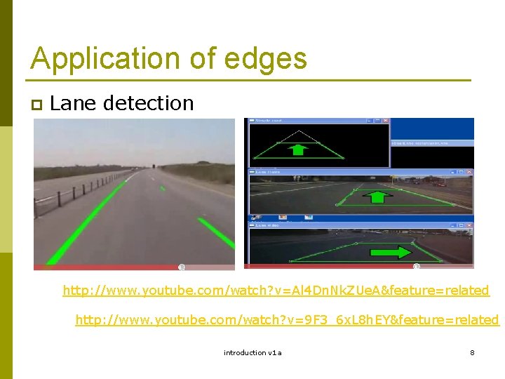 Application of edges p Lane detection http: //www. youtube. com/watch? v=Al 4 Dn. Nk.