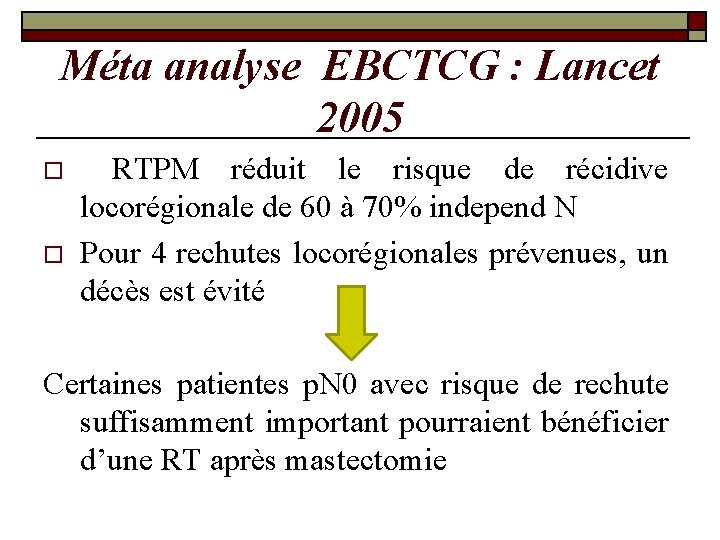 Méta analyse EBCTCG : Lancet 2005 o o RTPM réduit le risque de récidive Méta analyse EBCTCG : Lancet 2005 o o RTPM réduit le risque de récidive