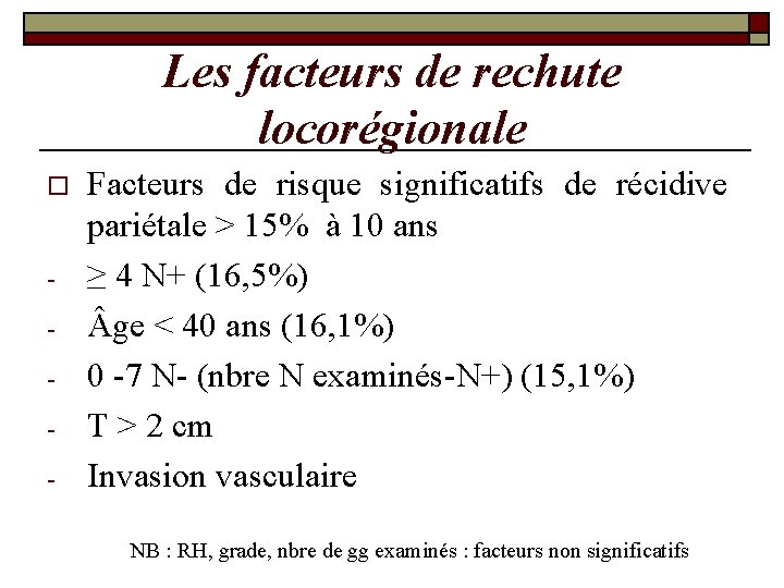 Les facteurs de rechute locorégionale o - Facteurs de risque significatifs de récidive pariétale Les facteurs de rechute locorégionale o - Facteurs de risque significatifs de récidive pariétale