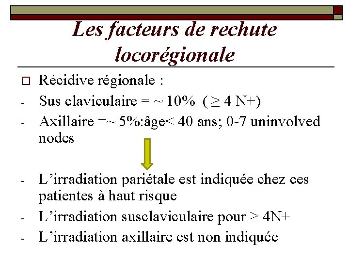 Les facteurs de rechute locorégionale o - - Récidive régionale : Sus claviculaire = Les facteurs de rechute locorégionale o - - Récidive régionale : Sus claviculaire =