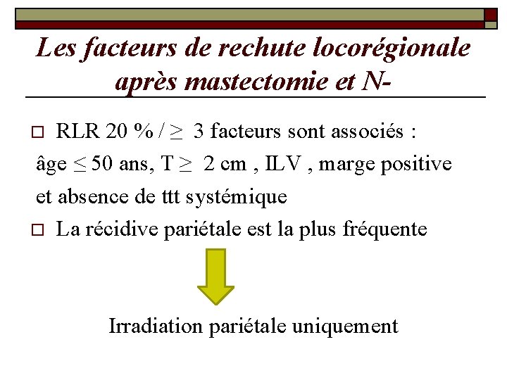 Les facteurs de rechute locorégionale après mastectomie et NRLR 20 % / ≥ 3 Les facteurs de rechute locorégionale après mastectomie et NRLR 20 % / ≥ 3
