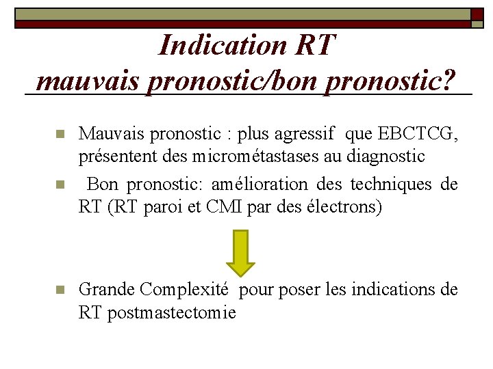 Indication RT mauvais pronostic/bon pronostic? n n n Mauvais pronostic : plus agressif que Indication RT mauvais pronostic/bon pronostic? n n n Mauvais pronostic : plus agressif que