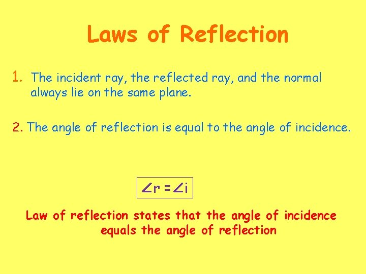 Laws of Reflection 1. The incident ray, the reflected ray, and the normal always