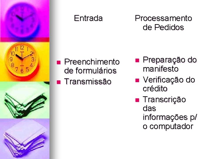 Entrada n n Preenchimento de formulários Transmissão Processamento de Pedidos n n n Preparação