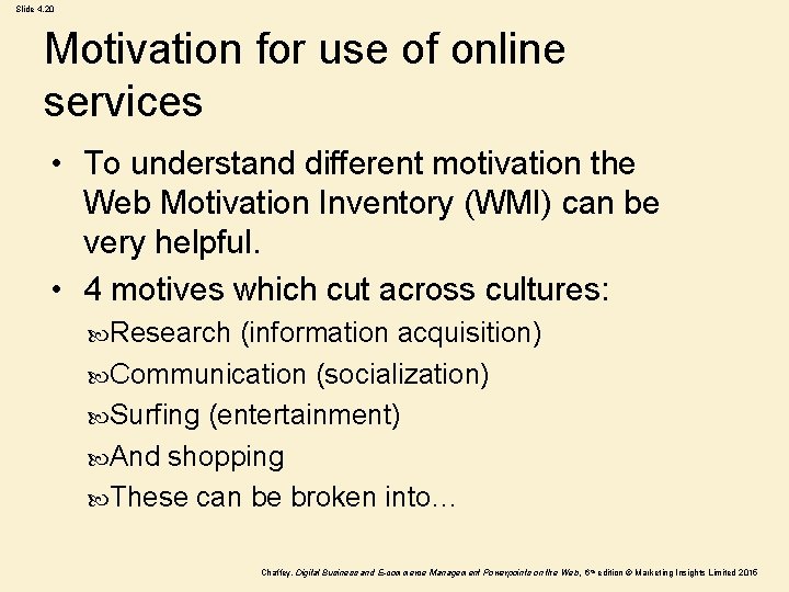 Slide 4. 20 Motivation for use of online services • To understand different motivation