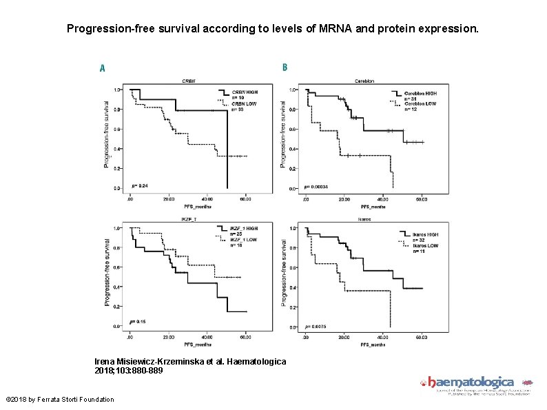 Progression-free survival according to levels of MRNA and protein expression. Irena Misiewicz-Krzeminska et al.