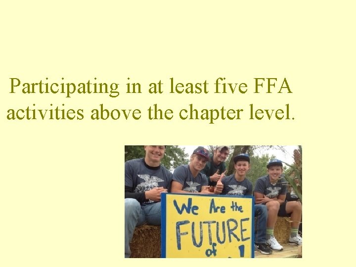 Participating in at least five FFA activities above the chapter level. 