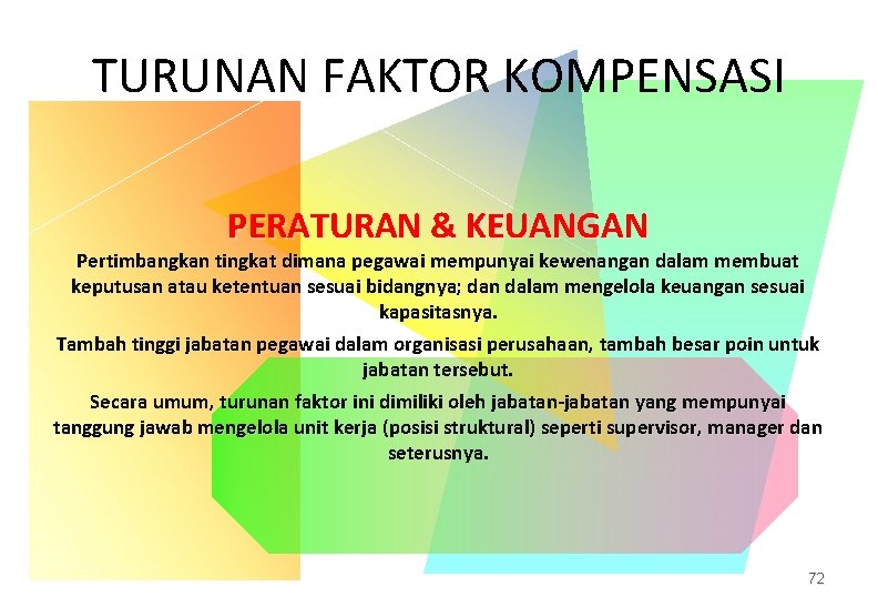 TURUNAN FAKTOR KOMPENSASI PERATURAN & KEUANGAN Pertimbangkan tingkat dimana pegawai mempunyai kewenangan dalam membuat TURUNAN FAKTOR KOMPENSASI PERATURAN & KEUANGAN Pertimbangkan tingkat dimana pegawai mempunyai kewenangan dalam membuat