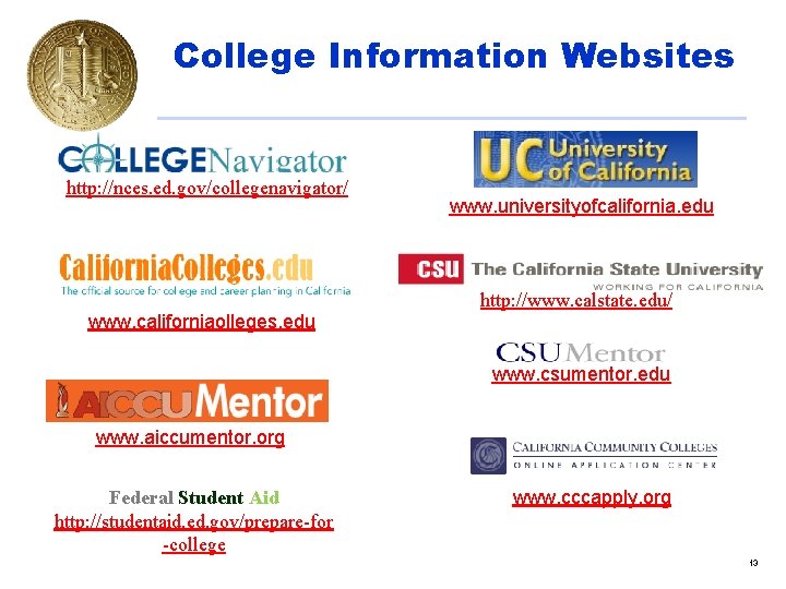 College Information Websites http: //nces. ed. gov/collegenavigator/ www. californiaolleges. edu www. universityofcalifornia. edu http: