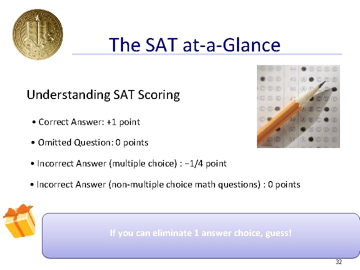 The SAT at-a-Glance Understanding SAT Scoring • Correct Answer: +1 point • Omitted Question: