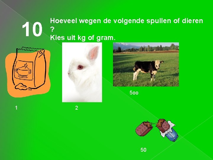 10 Hoeveel wegen de volgende spullen of dieren ? Kies uit kg of gram. 10 Hoeveel wegen de volgende spullen of dieren ? Kies uit kg of gram.