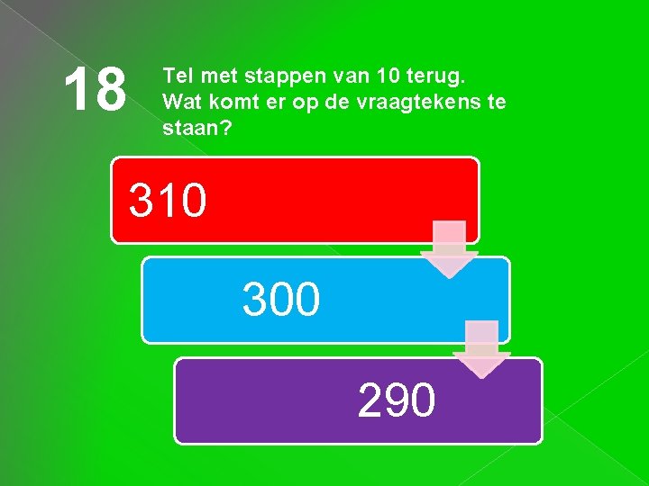 18 Tel met stappen van 10 terug. Wat komt er op de vraagtekens te