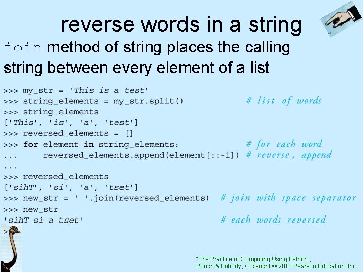 reverse words in a string join method of string places the calling string between