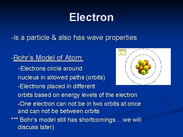 Electron -Is a particle & also has wave properties -Bohr’s Model of Atom: -Electrons