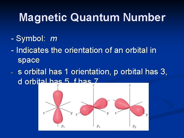 Magnetic Quantum Number - Symbol: m - Indicates the orientation of an orbital in