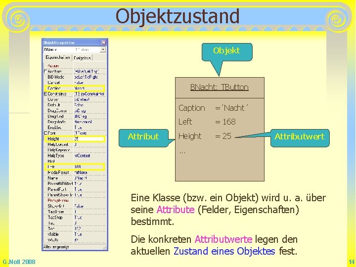 Objektzustand Objekt BNacht: TButton Attribut Caption =´Nacht´ Left = 168 Height = 25 Attributwert Objektzustand Objekt BNacht: TButton Attribut Caption =´Nacht´ Left = 168 Height = 25 Attributwert