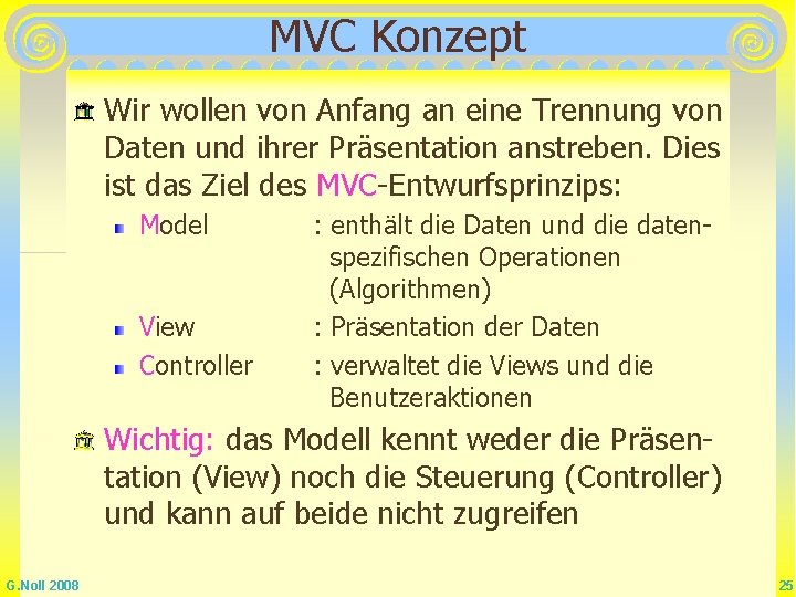 MVC Konzept Wir wollen von Anfang an eine Trennung von Daten und ihrer Präsentation MVC Konzept Wir wollen von Anfang an eine Trennung von Daten und ihrer Präsentation