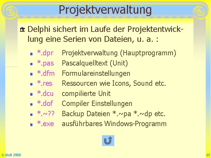 Projektverwaltung Delphi sichert im Laufe der Projektentwicklung eine Serien von Dateien, u. a. : Projektverwaltung Delphi sichert im Laufe der Projektentwicklung eine Serien von Dateien, u. a. :