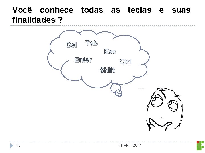 Você conhece todas as teclas e suas finalidades ? Del Tab Esc Enter Ctrl