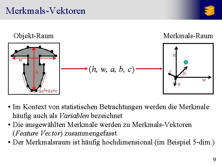 Merkmals-Vektoren Objekt-Raum Merkmals-Raum h w (h, w, a, b, c) h c b a