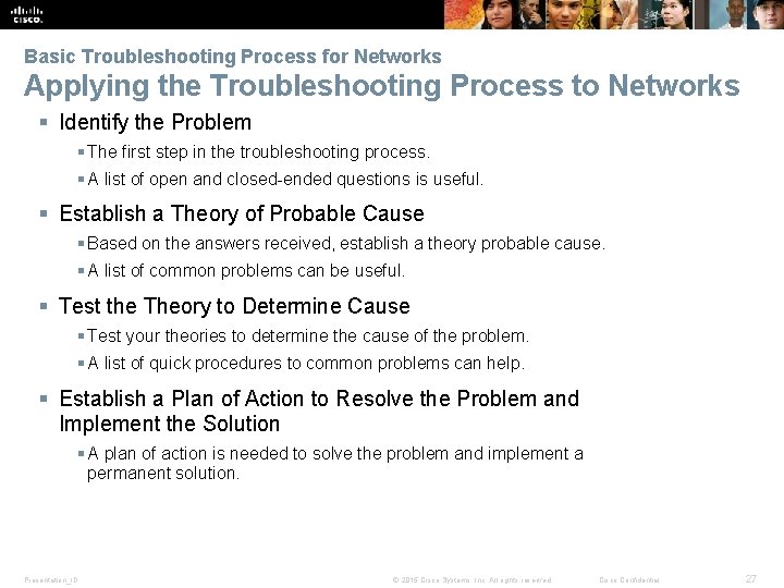 Basic Troubleshooting Process for Networks Applying the Troubleshooting Process to Networks § Identify the Basic Troubleshooting Process for Networks Applying the Troubleshooting Process to Networks § Identify the