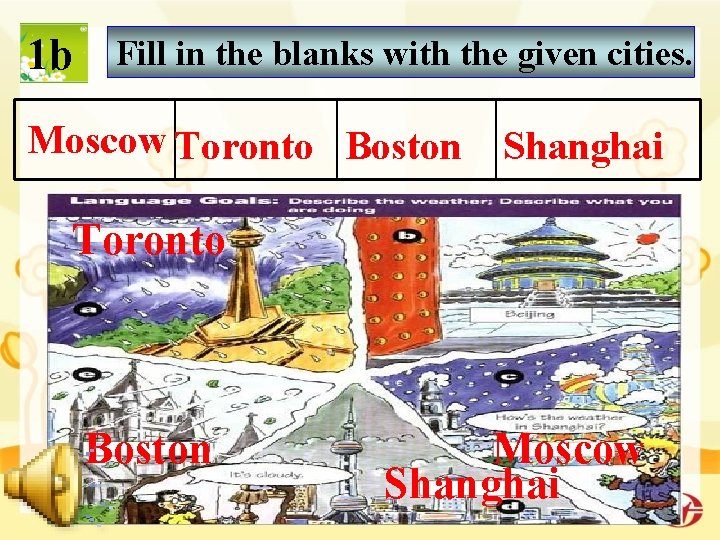 1 b Fill in the blanks with the given cities. Moscow Toronto Boston Shanghai