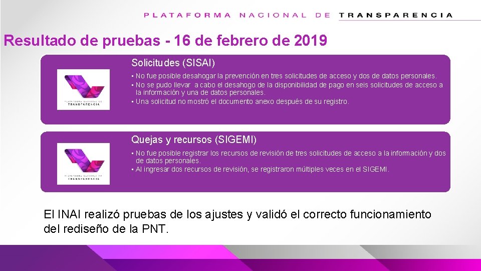 Resultado de pruebas - 16 de febrero de 2019 Solicitudes (SISAI) • No fue Resultado de pruebas - 16 de febrero de 2019 Solicitudes (SISAI) • No fue