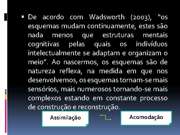  De acordo com Wadsworth (2003), “os esquemas mudam continuamente, estes são nada menos