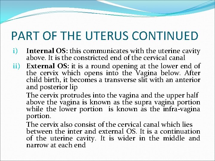 PART OF THE UTERUS CONTINUED Internal OS: this communicates with the uterine cavity above.