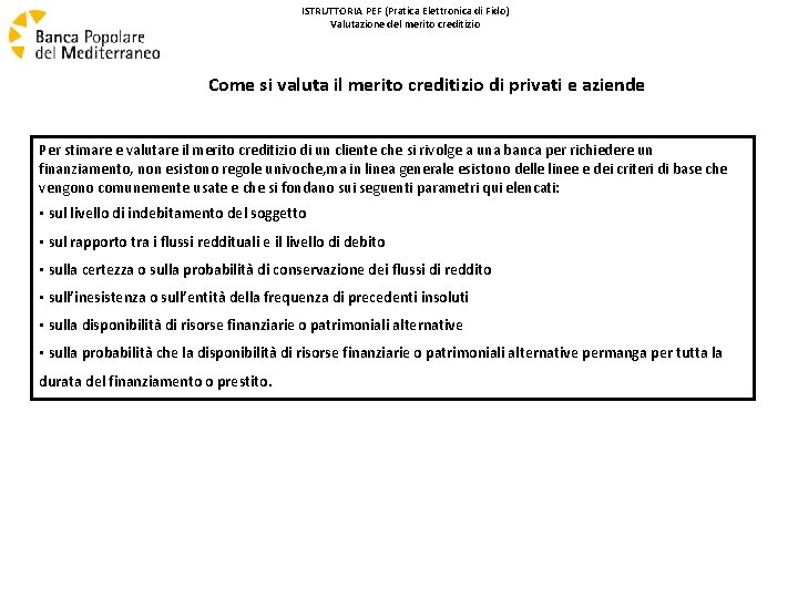 ISTRUTTORIA PEF (Pratica Elettronica di Fido) Valutazione del merito creditizio Come si valuta il