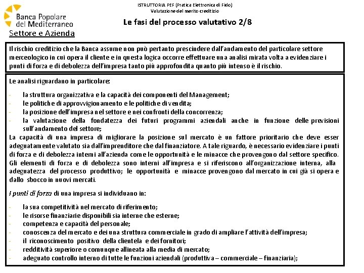 ISTRUTTORIA PEF (Pratica Elettronica di Fido) Valutazione del merito creditizio Le fasi del processo