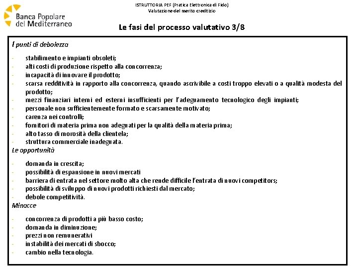 ISTRUTTORIA PEF (Pratica Elettronica di Fido) Valutazione del merito creditizio Le fasi del processo