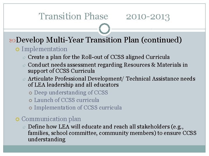 Transition Phase 2010 -2013 Develop Multi-Year Transition Plan (continued) Implementation Create a plan for