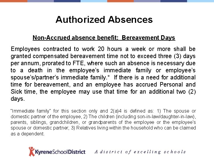 Authorized Absences Non-Accrued absence benefit: Bereavement Days Employees contracted to work 20 hours a