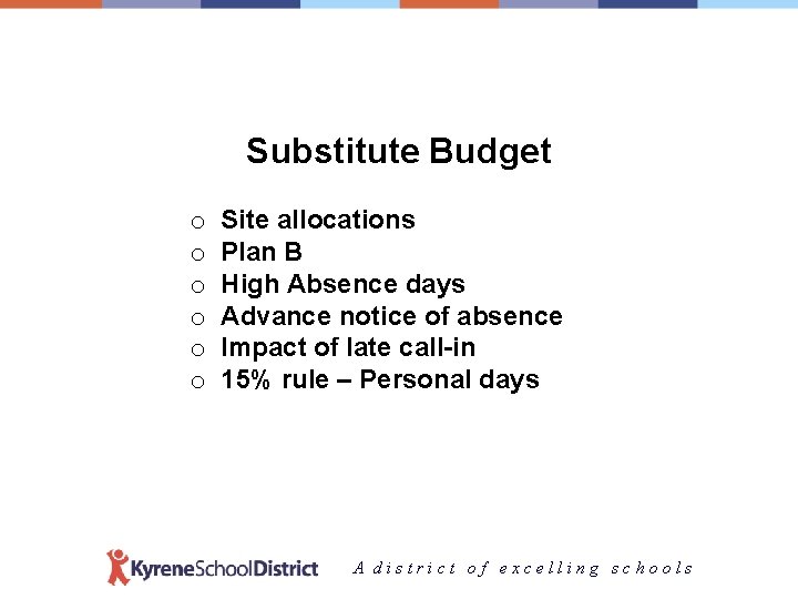 Substitute Budget o o o Site allocations Plan B High Absence days Advance notice