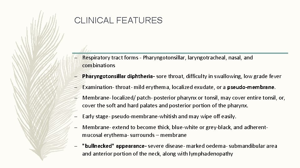 CLINICAL FEATURES – Respiratory tract forms - Pharyngotonsillar, laryngotracheal, nasal, and combinations – Pharyngotonsillar