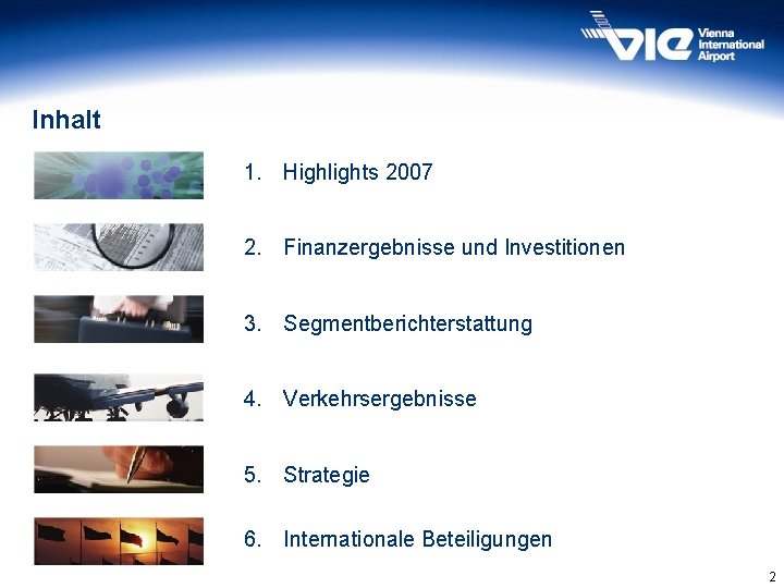 Inhalt 1. Highlights 2007 2. Finanzergebnisse und Investitionen 3. Segmentberichterstattung 4. Verkehrsergebnisse 5. Strategie