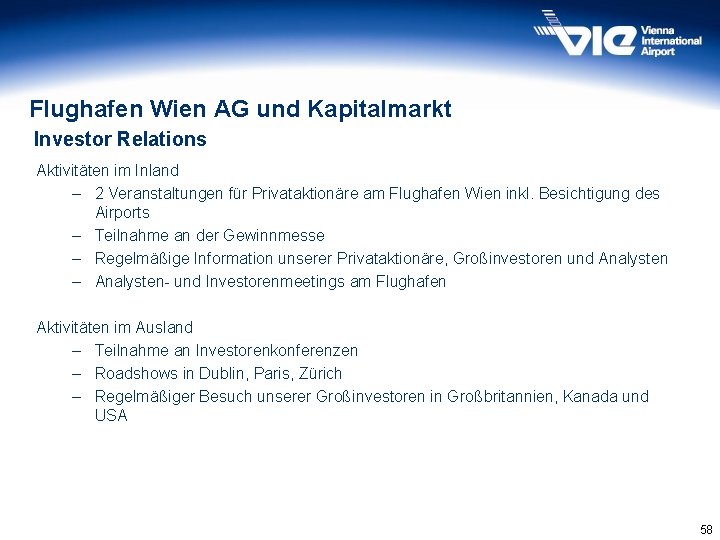 Flughafen Wien AG und Kapitalmarkt Investor Relations Aktivitäten im Inland – 2 Veranstaltungen für