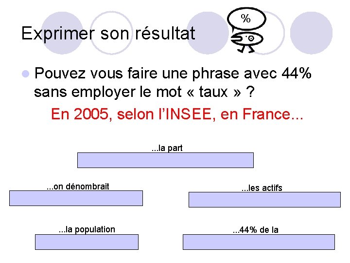 Exprimer son résultat % l Pouvez vous faire une phrase avec 44% sans employer Exprimer son résultat % l Pouvez vous faire une phrase avec 44% sans employer