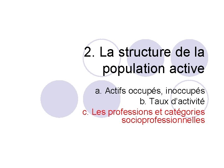2. La structure de la population active a. Actifs occupés, inoccupés b. Taux d’activité 2. La structure de la population active a. Actifs occupés, inoccupés b. Taux d’activité