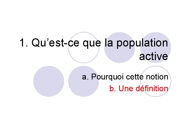 1. Qu’est-ce que la population active a. Pourquoi cette notion b. Une définition 1. Qu’est-ce que la population active a. Pourquoi cette notion b. Une définition