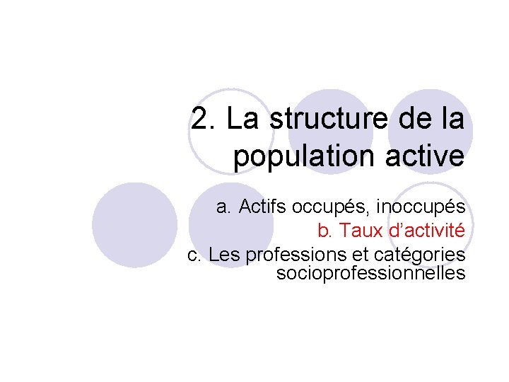 2. La structure de la population active a. Actifs occupés, inoccupés b. Taux d’activité 2. La structure de la population active a. Actifs occupés, inoccupés b. Taux d’activité