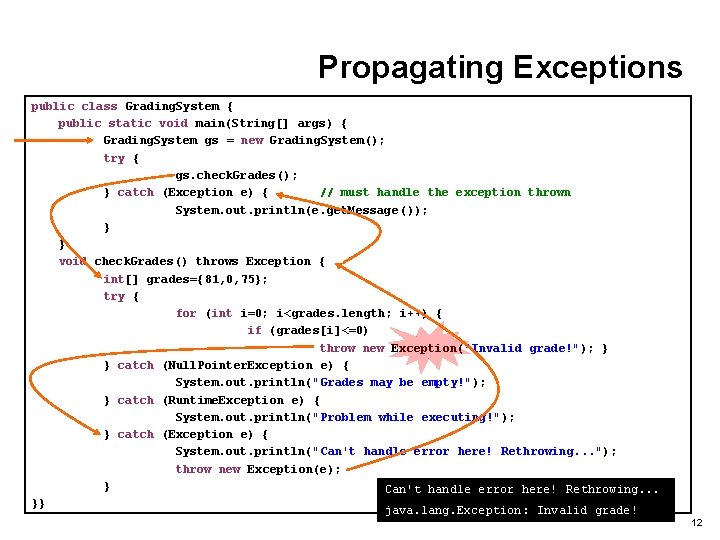 Propagating Exceptions public class Grading. System { public static void main(String[] args) { Grading.