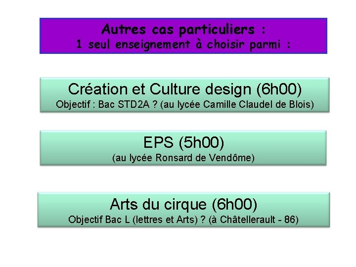 Autres cas particuliers : 1 seul enseignement à choisir parmi : Création et Culture